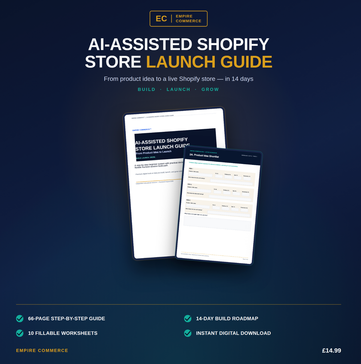 AI-Assisted Shopify Store Launch Guide with 66 pages, 14-day roadmap and 10 fillable worksheets