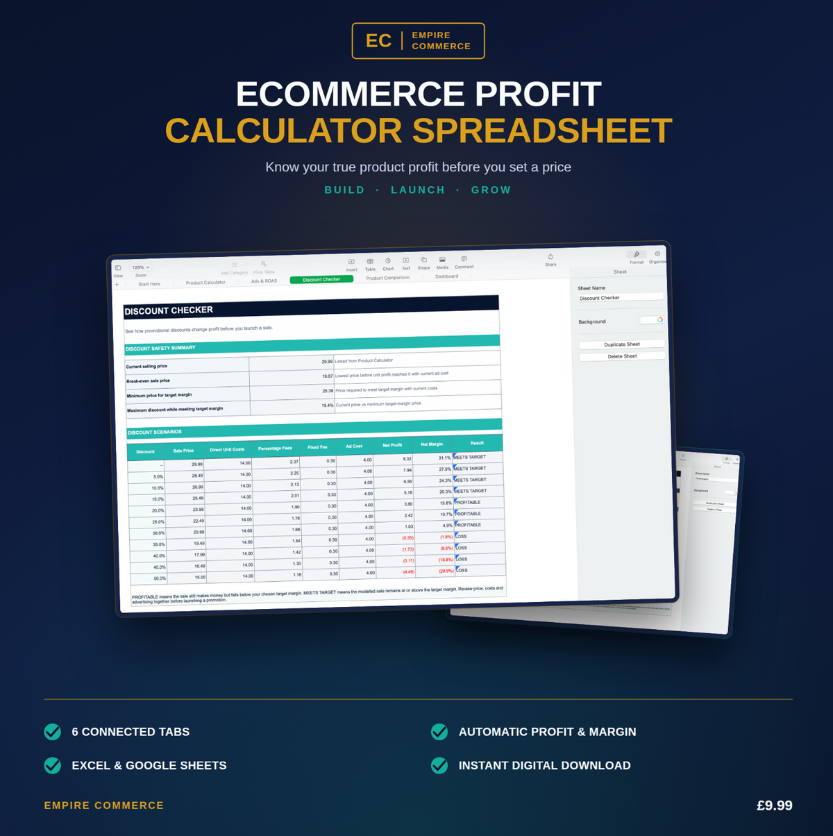 Ecommerce Profit Calculator spreadsheet with automatic profit, margin and discount calculations