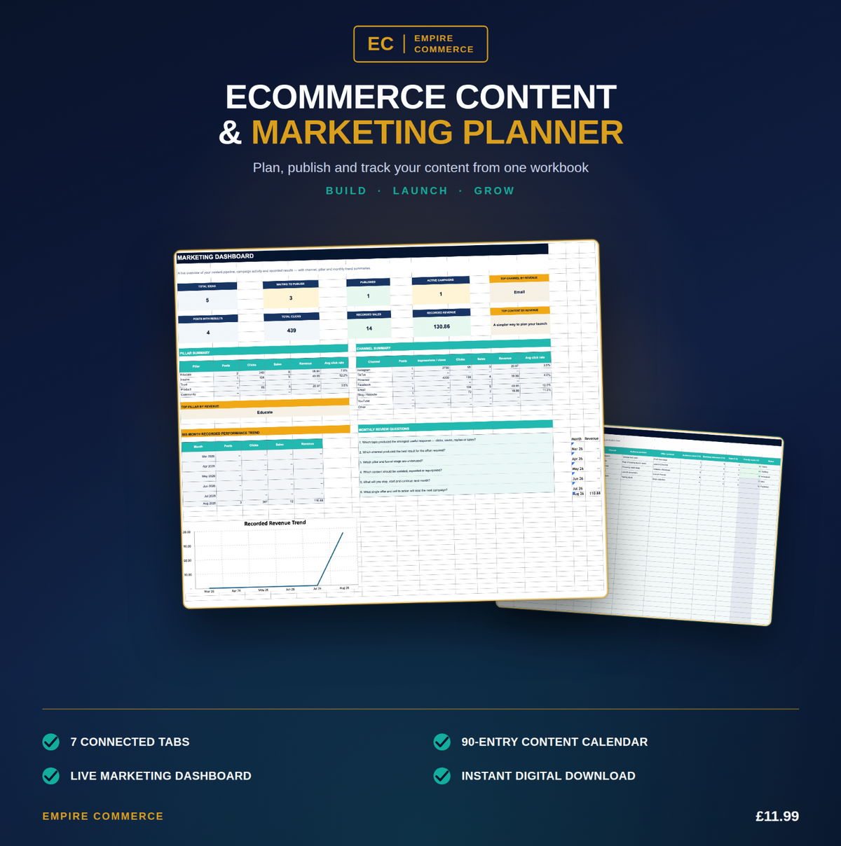 Ecommerce Content and Marketing Planner with live dashboard and 90-entry content calendar