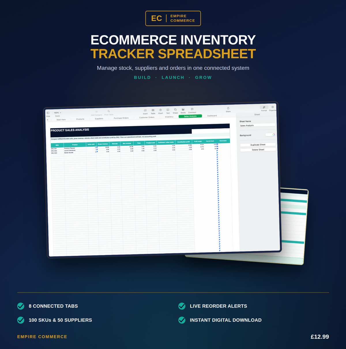 Ecommerce Inventory Tracker spreadsheet with stock dashboard, supplier management and reorder alerts