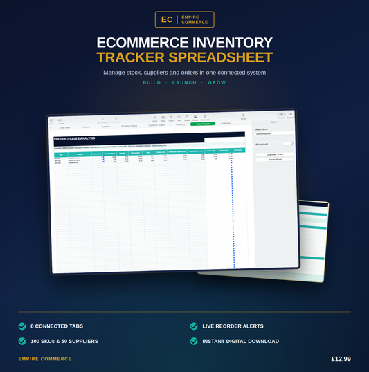 Ecommerce Inventory Tracker spreadsheet with stock dashboard, supplier management and reorder alerts