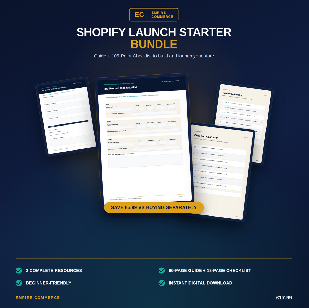 Shopify Launch Starter Bundle with digital guide and 105-point checklist previews