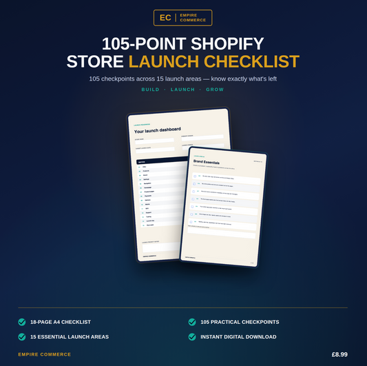105-Point Shopify Store Launch Checklist with 18 pages covering 15 essential launch areas