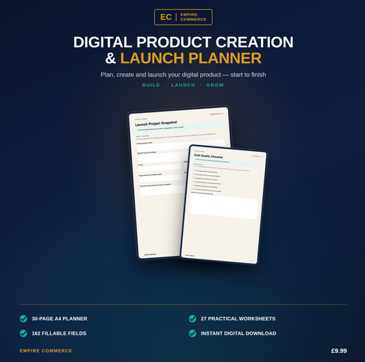Digital Product Creation and Launch Planner with 30 pages, 27 worksheets and 162 fillable fields