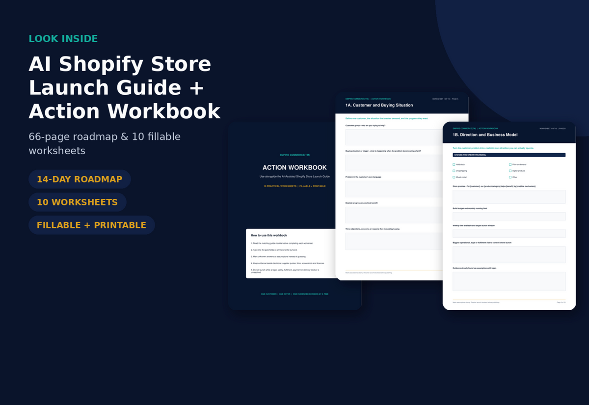 AI Shopify Store Launch Guide and Action Workbook with worksheet previews