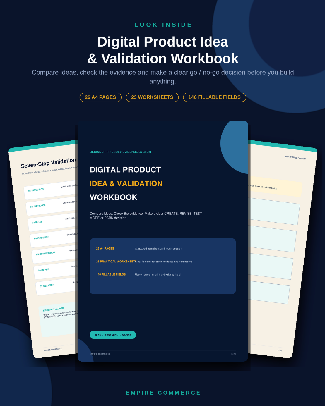 Digital Product Idea and Validation Workbook with validation worksheet previews