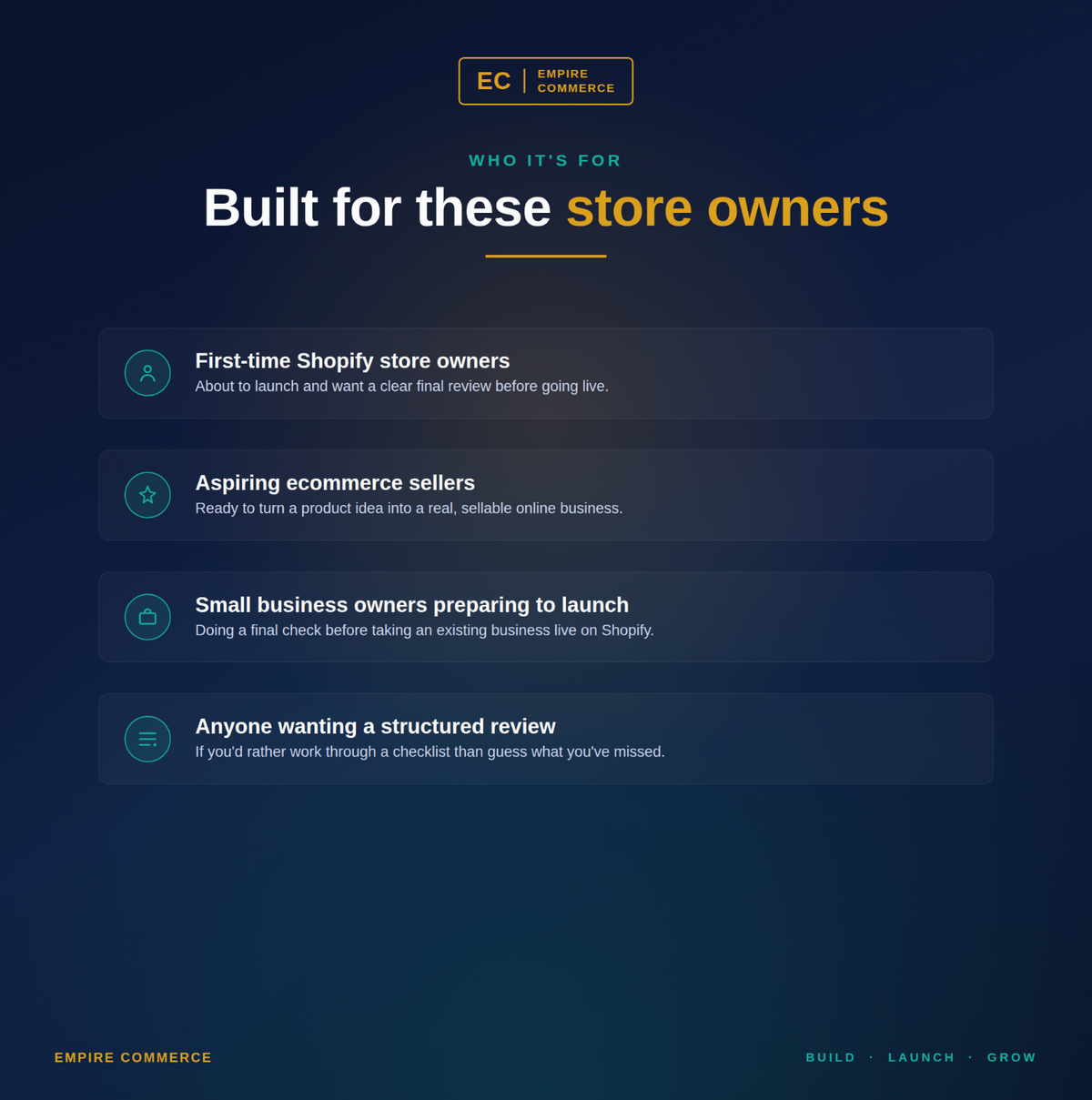 Who the 105-Point Shopify Store Launch Checklist is for, including first-time store owners and ecommerce sellers