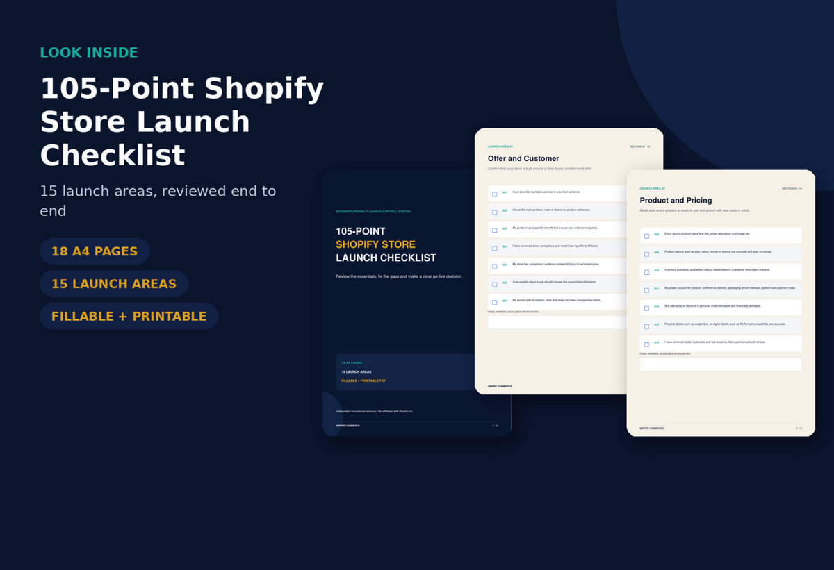 105-Point Shopify Store Launch Checklist with offer and pricing page previews
