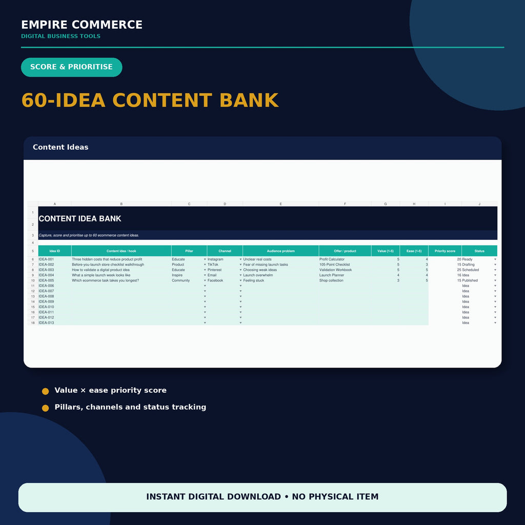 Ecommerce Content Planner Spreadsheet