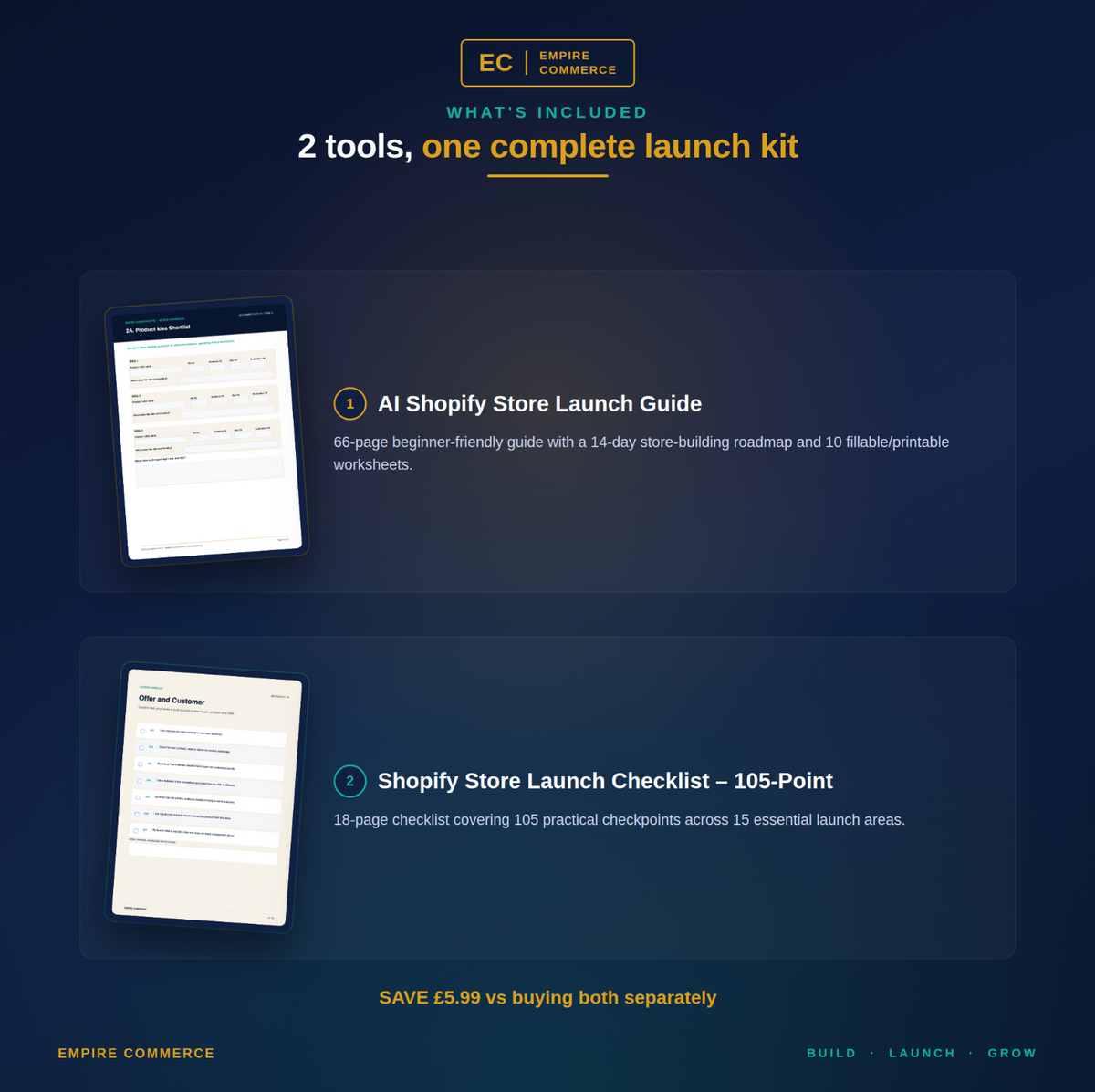 Shopify launch kit containing the AI Shopify Store Launch Guide and 105-Point Checklist