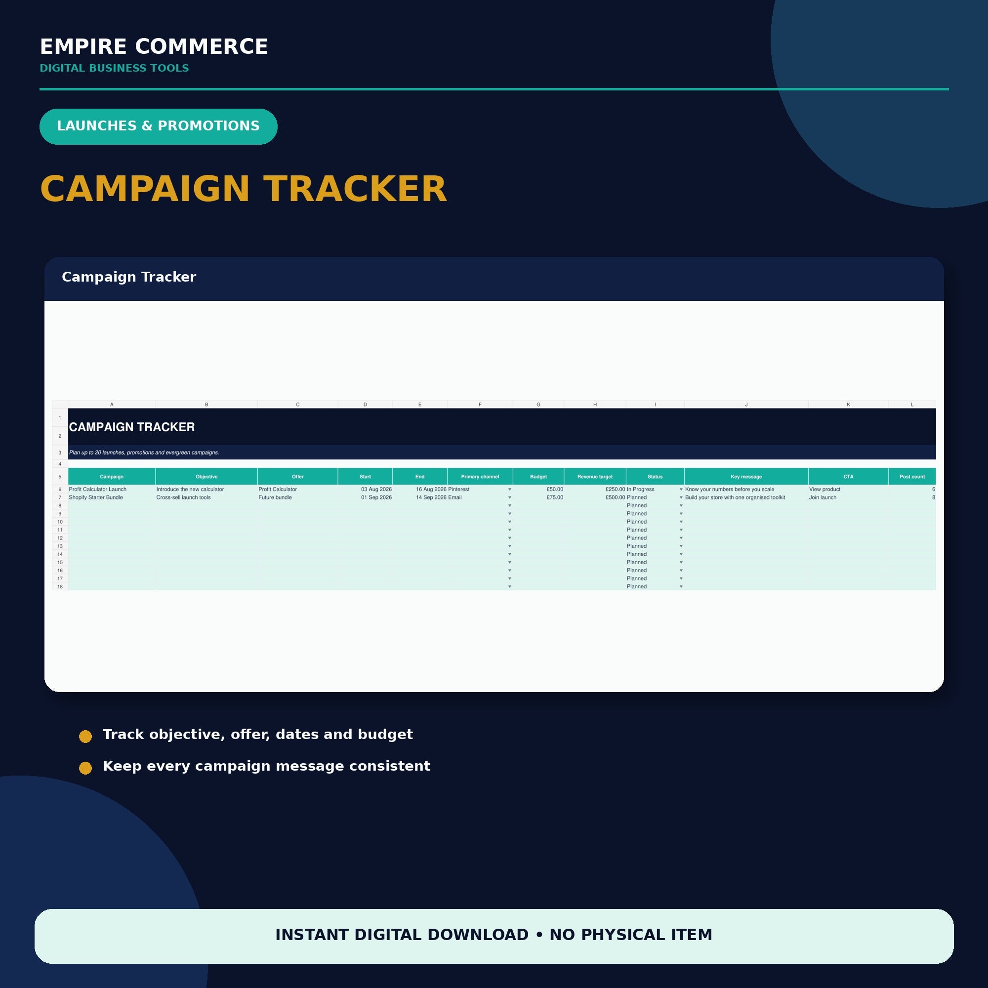 Ecommerce Content Planner Spreadsheet